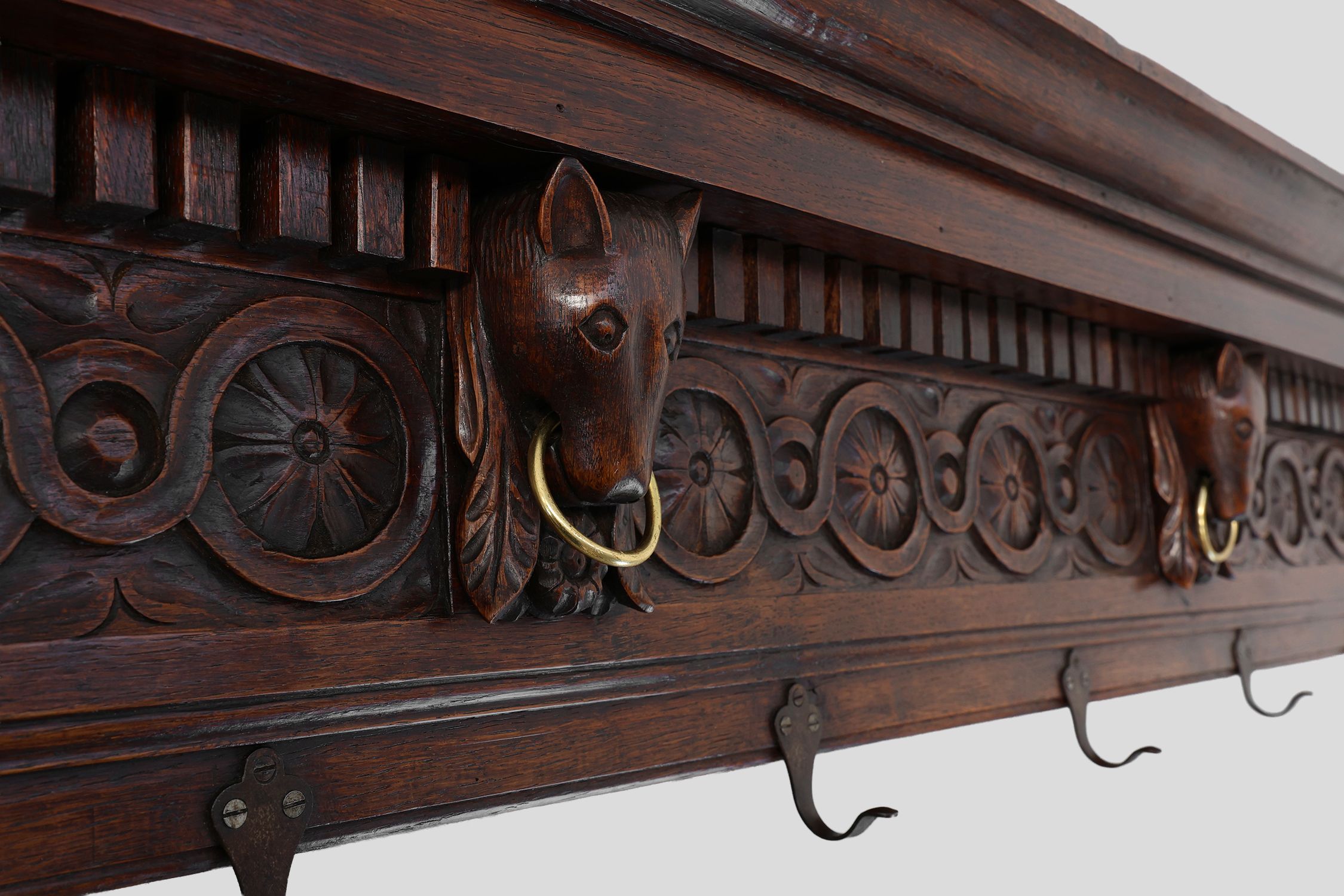 Large 18th Century Gothic solid oak hand carved coat rack, France thumbnail